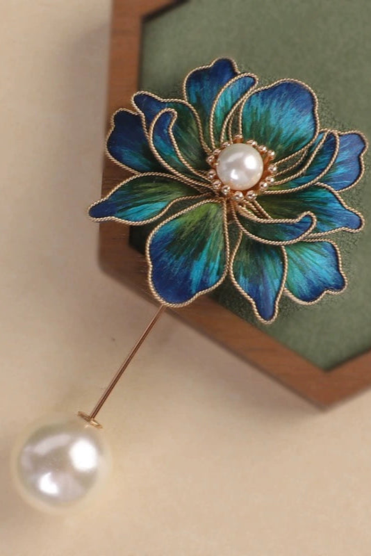 Handmade Peacock Blue Flower Brooch